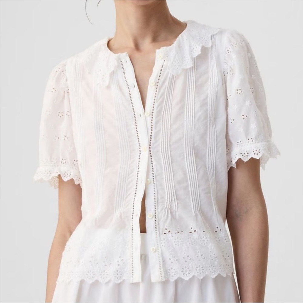 White Eyelet Pintuck Button-Front Blouse